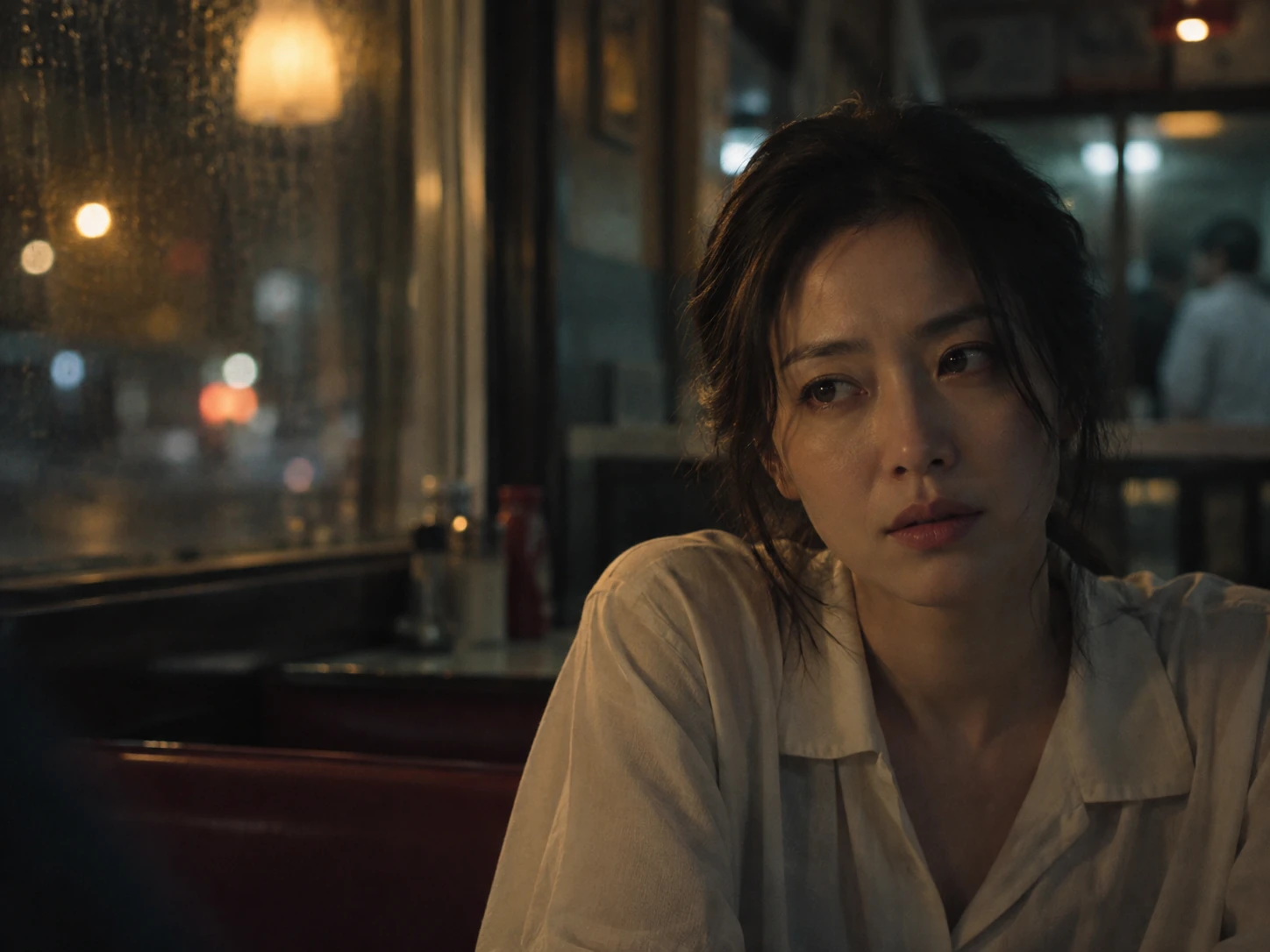 A fictional woman holds a thoughtful gaze in a dimly lit late-night diner.